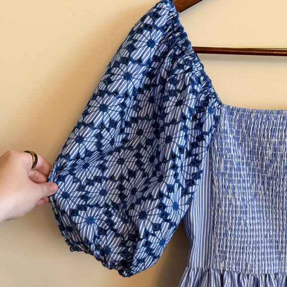 Lucy Paris Skya Embroidered Striped Mini Dress Smocked Puff Sleeve Sz L NWT - Picture 7 of 12